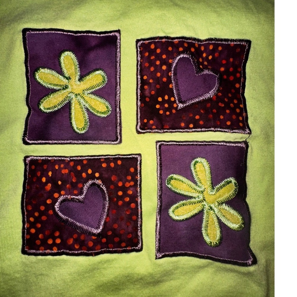 Y2K Lime Green Patchwork Floral Heart Graphic Tee XL Retro Kidcore Top